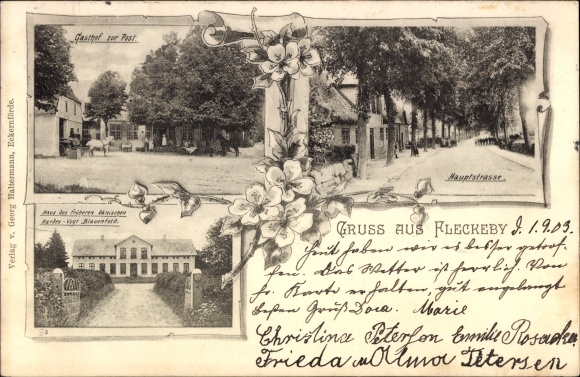 Ak Fleckeby in Schleswig, Gasthof zur Post, Hauptstraße, Haus des dänischen Hardes-Vogt Blauenfeld