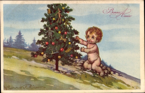 Artist Postcard Castelli, Happy New Year, child, Christmas tree