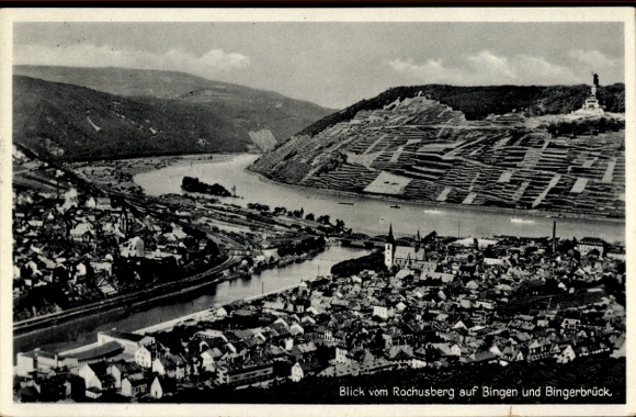 Postcard Bingen am Rhein, beautiful landscape, view from Rochusberg, Rhine, vineyards, historic town