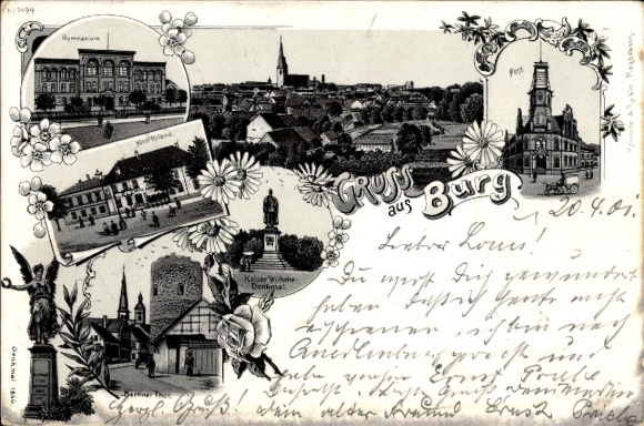 Chromo-Litho Castle near Magdeburg, Gymnasium, Post Office, Hotel Roland