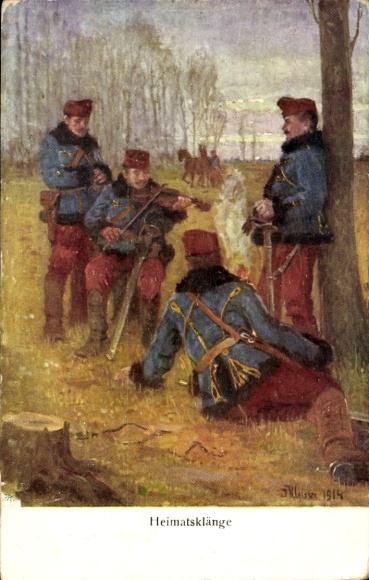 Künstler Ak Heimatsklänge, kuk Armee, Husaren bei der Rast, 1914, 1. WK