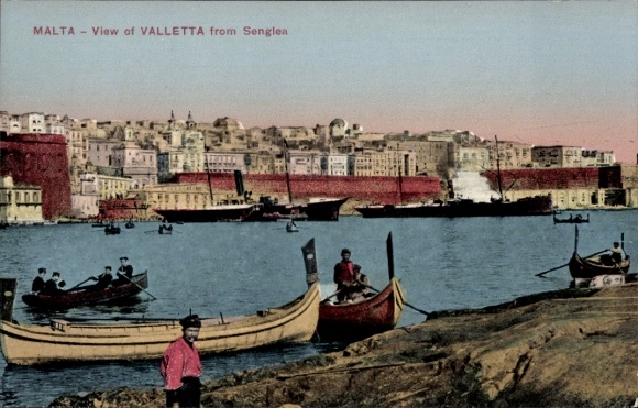 Postcard Valletta Malta, Malta, view of Valletta from Senglea, ships in the water