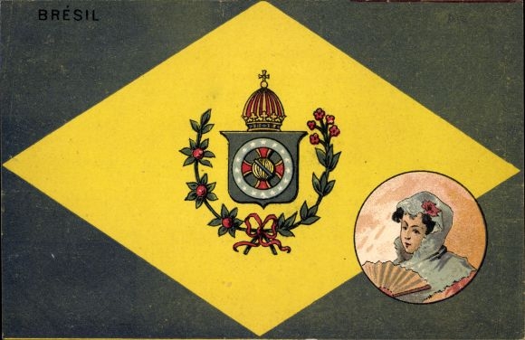 Coat of arms of Brazil, woman in traditional costume with fan, national colors
