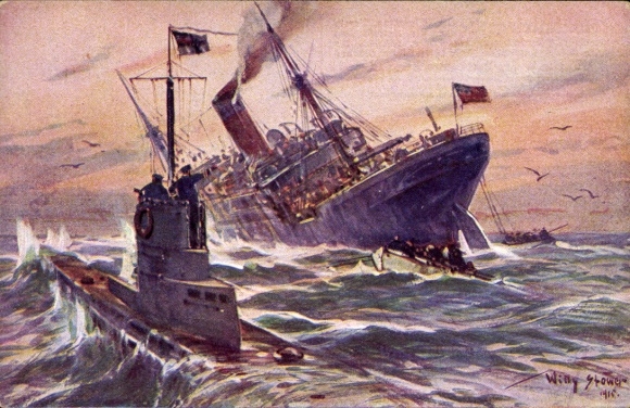 Artist Postcard Stöwer, Willy, Destruction of an English merchant steamer by a German submarine