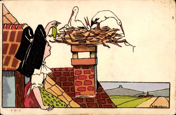 Artist Postcard Alsatian woman feeding storks, frog, Alsatian costume