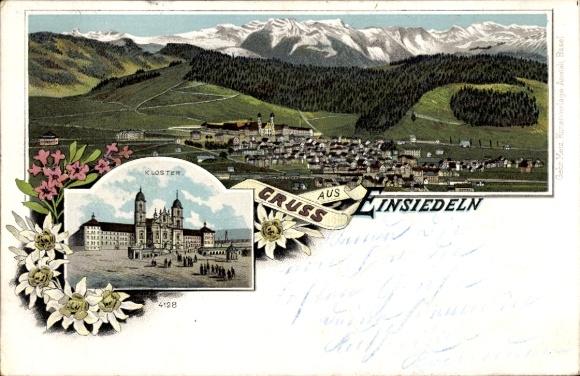 Litho Einsiedeln Kanton Schwyz Schweiz, Kloster Einsiedeln, Gesamtansicht, Edelweiß