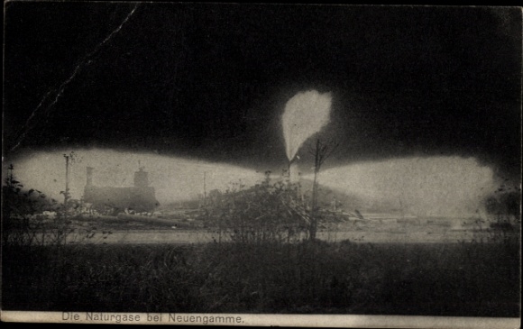 Postcard Hamburg Bergedorf Neuengamme, natural gases, dark sky, shadowy landscape, buildings, trees