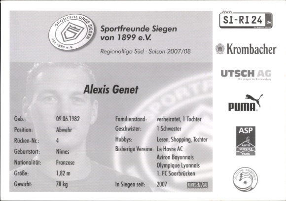Autograph card footballer Alex Genet, Sportfreunde Siegen, autograph