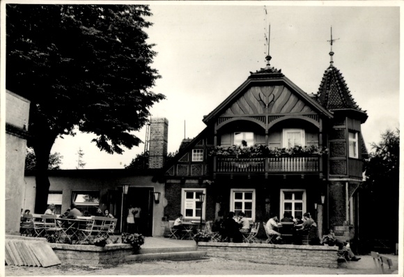 Ak Aue am Berg Beulwitz Saalfeld an der Saale Thüringen, Berggaststätte Schwedenstein, Holzverzie