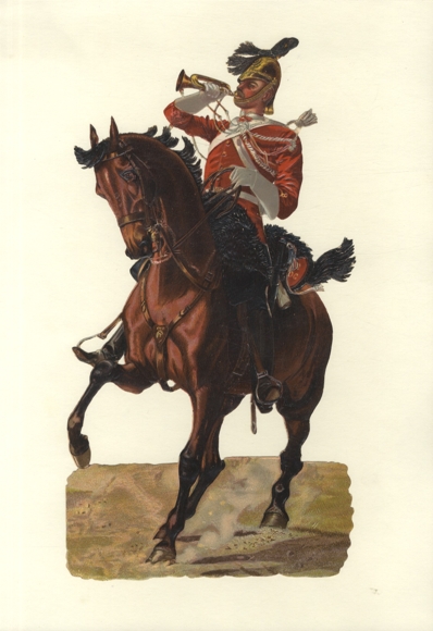 Oblate soldier in uniform on a horse, trumpeter, size approx. 36 x 21 cm