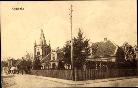 Postcard Pewsum Krummhörn in East Frisia, pharmacy, church