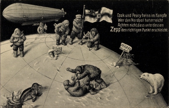 Postcard Zeppelin at the North Pole, flag, survey, explorers Cook and Peary in battle