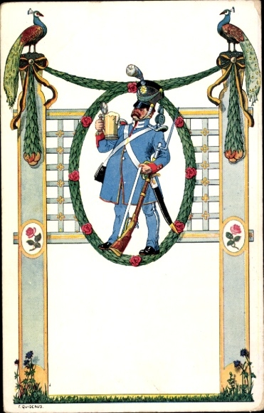 Passepartout-kunstenaar Ak-man in uniform die bier drinkt, pauwen