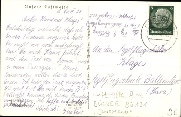 Postcard German Air Force, Bücker Bü 131 Jungmann