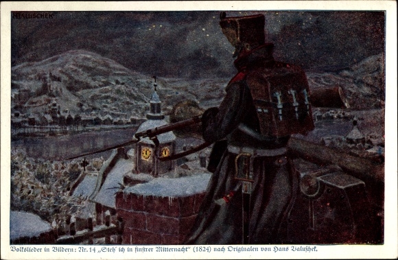 Artist PC Baluschek, Hans, Folk Songs No. 14 I stand in dark midnight, soldier, night watch