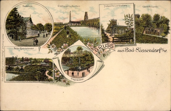 Chromo-Litho Bad Sassendorf in the district of Soest, bathhouse, children&#39;s sanatorium, drinking pavilion, Charlottenquelle