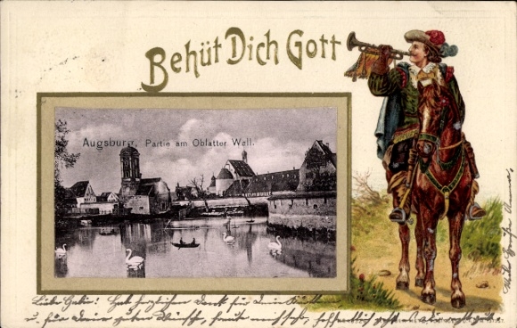 Embossed passepartout PC Augsburg in Swabia, Oblatter Wall, trumpeter from Säckingen