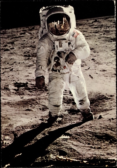Ak US Astronaut Edwin Aldrin, maanlanding 21 juli 1969, eerste stappen, maanlander Eagle