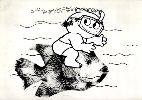 Postcard Mainzelmännchen with diving goggles on a fish