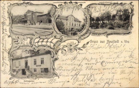 Postcard Neustadt am Rübenberge, district office, Ratskeller, train station, track view, school