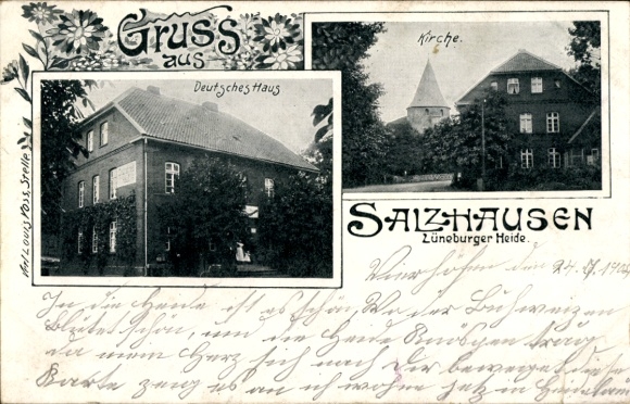 Ak Salzhausen op de Lüneburger Heide, Duits huis, Kerk, Lüneburger Heide, Groeten van