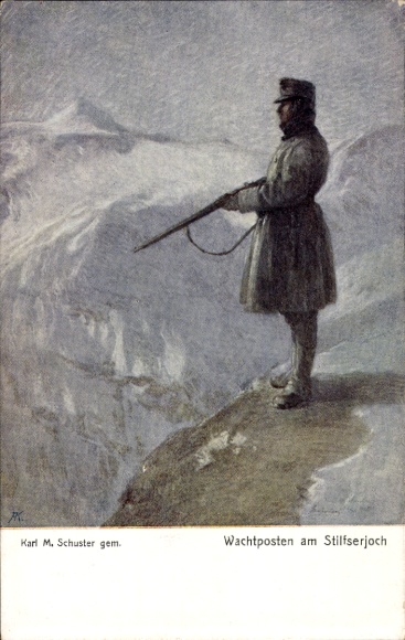 Künstler Ak Schuster, Karl M., Wachtposten am Stilfserjoch, Kuk Armee, 1. WK, Alpenkrieg