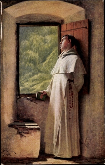 Artist Postcard Cederström, Th. v., A sunbeam, monk at the window