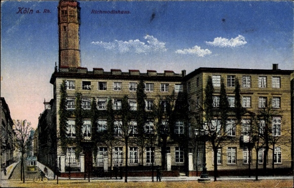 Postcard Cologne on the Rhine, Richmodishaus, building with tower, trees, tram