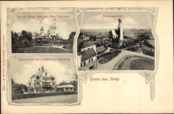 Postcard Ising Chieming in the Traunstein district of Upper Bavaria, Castle of Czermak, Castle of Baron v. Hertling