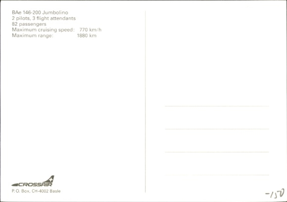 Postcard Swiss passenger aircraft, Crossair, BAe 146 200 Jumbolino