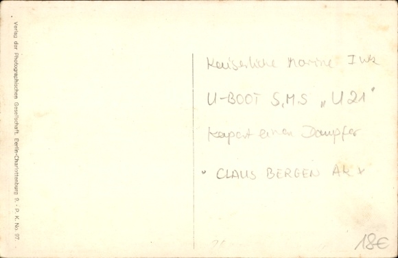 Artist Postcard Bergen, Claus, German submarine U 21 captures a British steamer