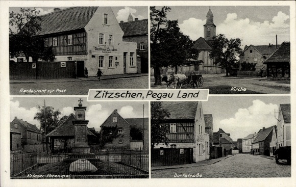 Postcard Zitzschen Zwenkau in Saxony, Restaurant zur Post, War Memorial, Village Street, Church