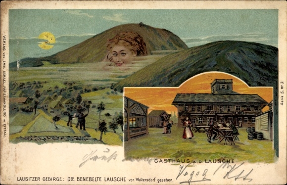 Moonlight Chromo-Litho Waltersdorf Großschönau Oberlausitz, The befogged Lausche, inn, mountain faces
