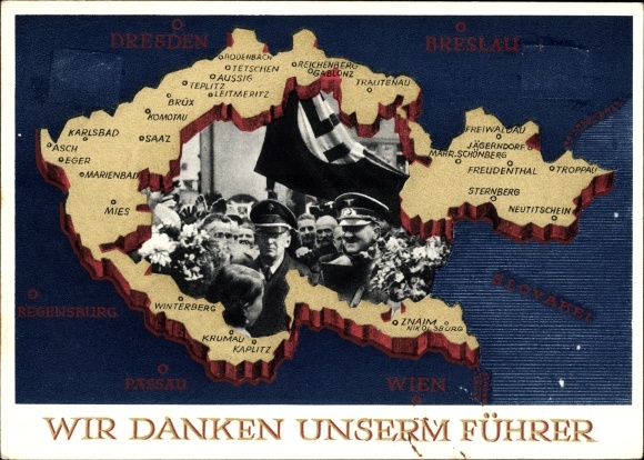 Postal stationery Postcard We thank our leader, Sudetenland, Bohemia, Moravia, Hitler