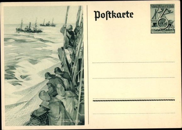 Postwaardestuk ansichtkaart Axster Heudtlass, vissers op volle zee, vissersboten