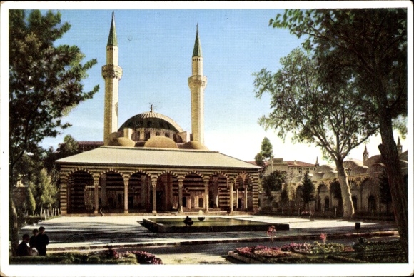 Postcard Damas Damascus Syria, Tekieh Mosque, high minarets, garden landscape, classical style