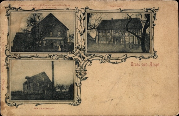 Postcard Hespe in Lower Saxony, steam mill, school, restaurant