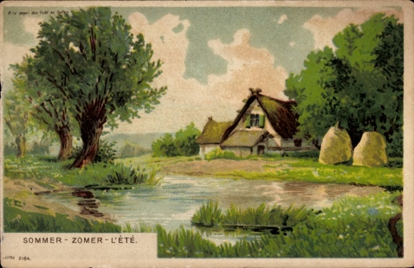 Hold to Light Artist Chromo-Litho Summer, riverside with country house