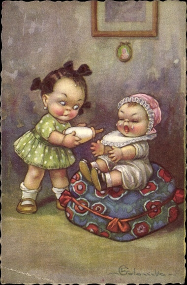 Artist PC Colombo, girl gives bottle to crying baby