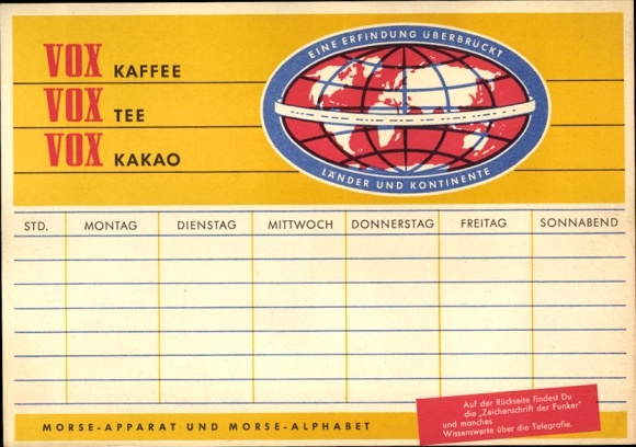 Timetable VOX coffee tea cocoa, Morse alphabet and Morse apparatus around 1960