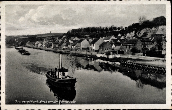 Postcard Oderberg in der Mark, Panorama from the Oder Bridge, steamer