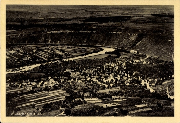 Postcard Mundelsheim am Neckar Württemberg, landscape photograph, river, vineyards, village view