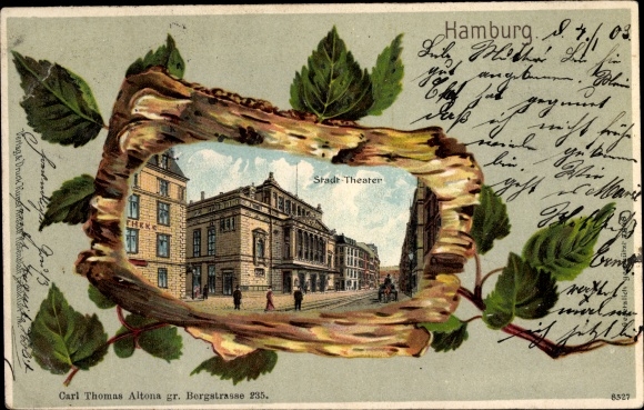 Embossed Birch Wood Chromo-Litho Hamburg Mitte Altstadt, Stadttheater, Street View