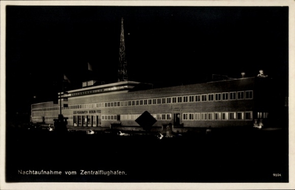 Postcard Berlin Tempelhof, Central Airport, night lighting
