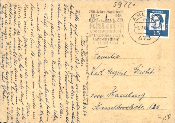 Postcard Ahlen in Münsterland Westphalia, view from the promenade, greetings from the city park, train station, Tellbli...