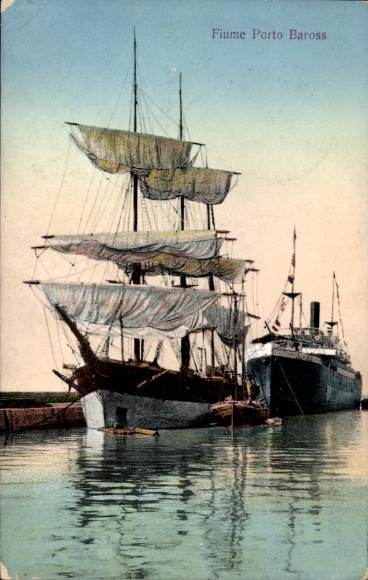 Ak Rijeka Fiume Kroatien, Porto Baross, Hafen, Segelschiff und Dampfschiff