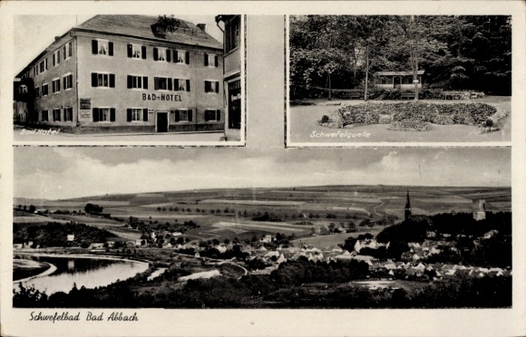 Ak Bad Abbach bei Nab, Bad Hotel, Schwefelquelle, Schwefelbad, Panorama vom Ort