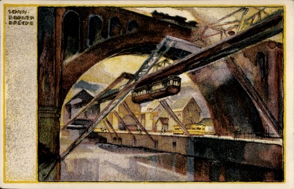 Artist Postcard Greiner, Wilh, Wuppertal Barmen, suspension railway, Sonnborner Bridge