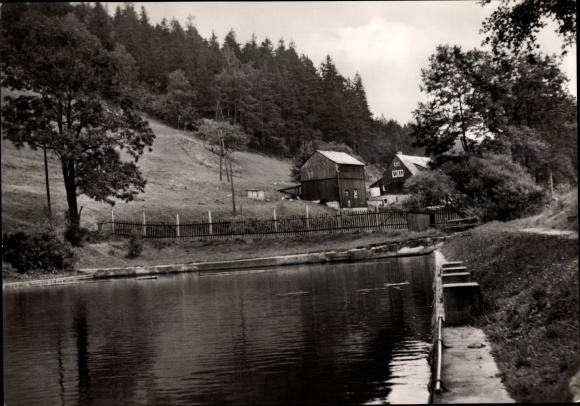 Postcard Dönschten Dippoldiswalde Eastern Ore Mountains, pond, panorama