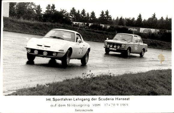 Postcard Int. Sports Driver Training Course Scuderia Hanseat, Nürburgring 1969, Concrete Loop, Racing Cars 318, 319